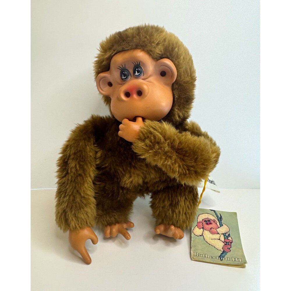 Vtg Russ Berrie Rutherford III Plush Monkey Rubber Face Thumb Sucker 1980s TAG